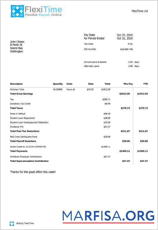 Printable NEW Zealand Flexitime payroll in template